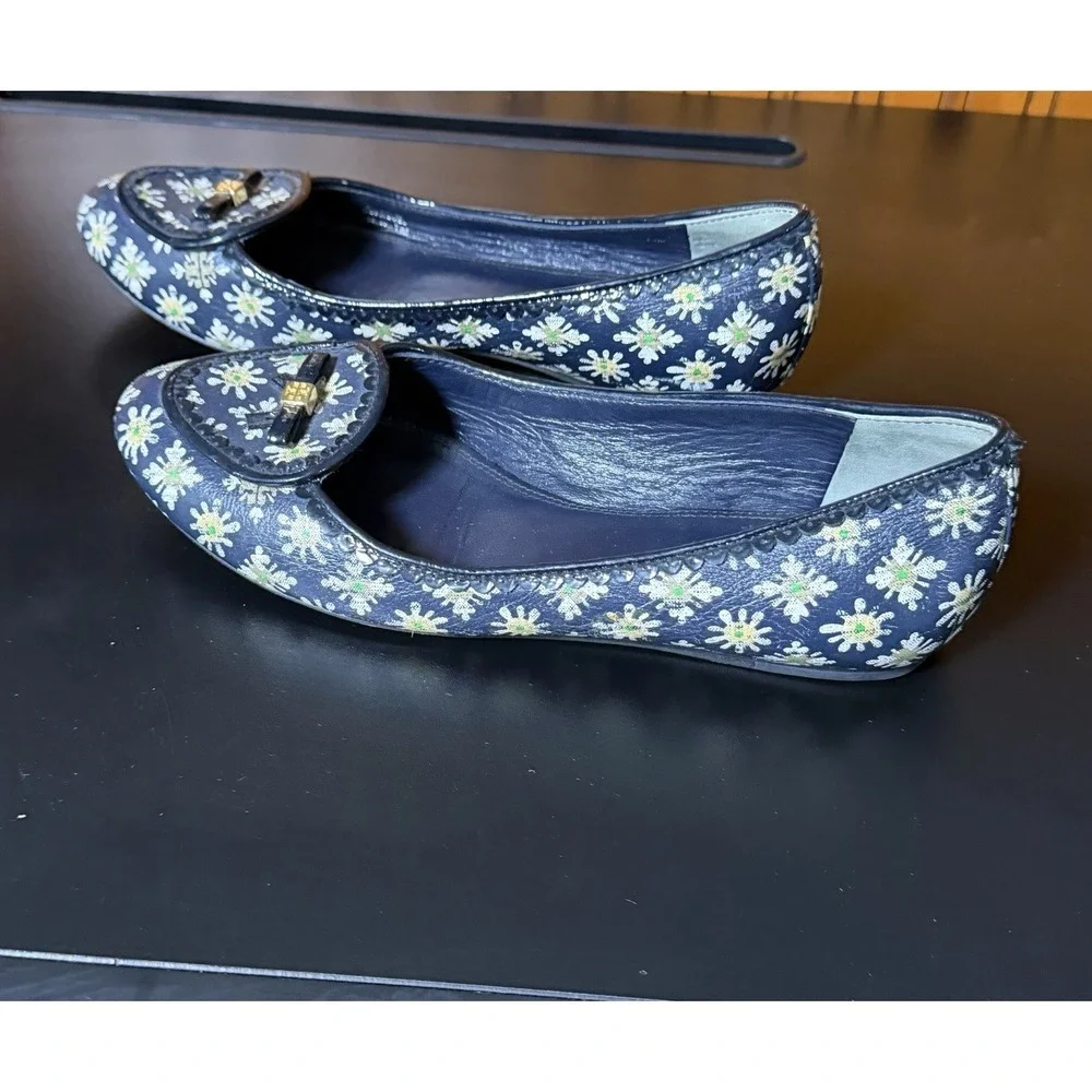 Tory Burch Reva Floral Print Ballet Flats Daisy Leather Women's Size 7 Logo